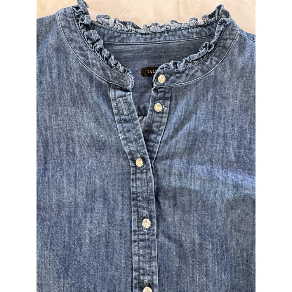Talbots Womens L Denim Chambray Top Ruffle Neck Henley Blouse Long Sleeve - Picture 5 of 8